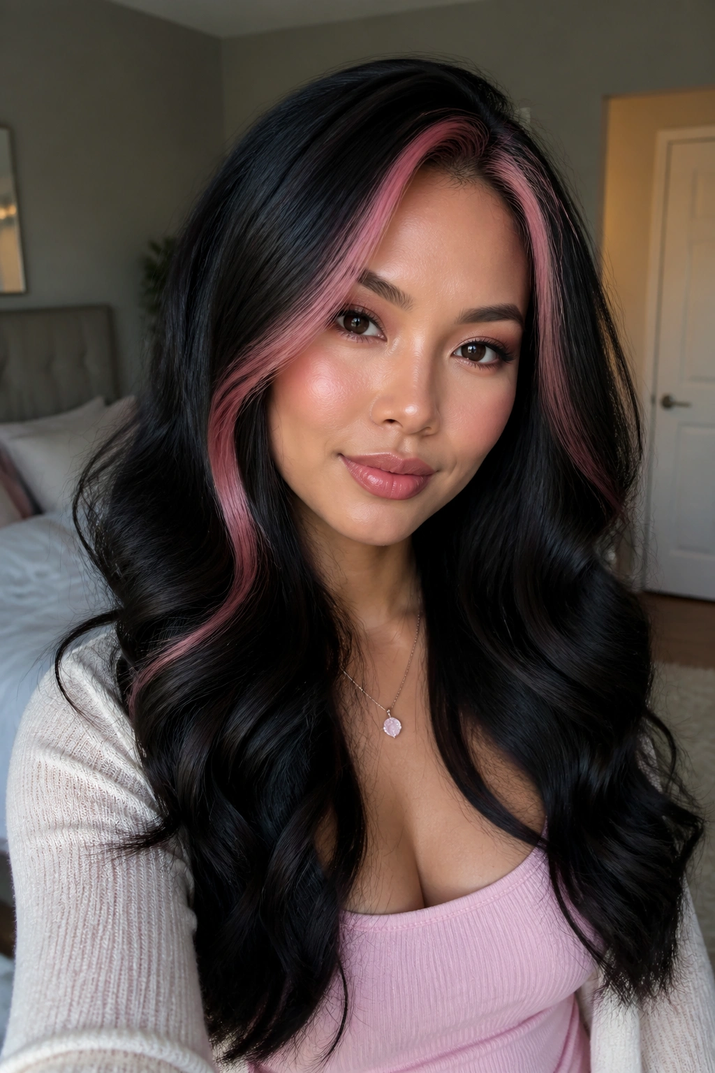 Close-up portrait of a woman with jet-black waves and a pink money piece at the front.