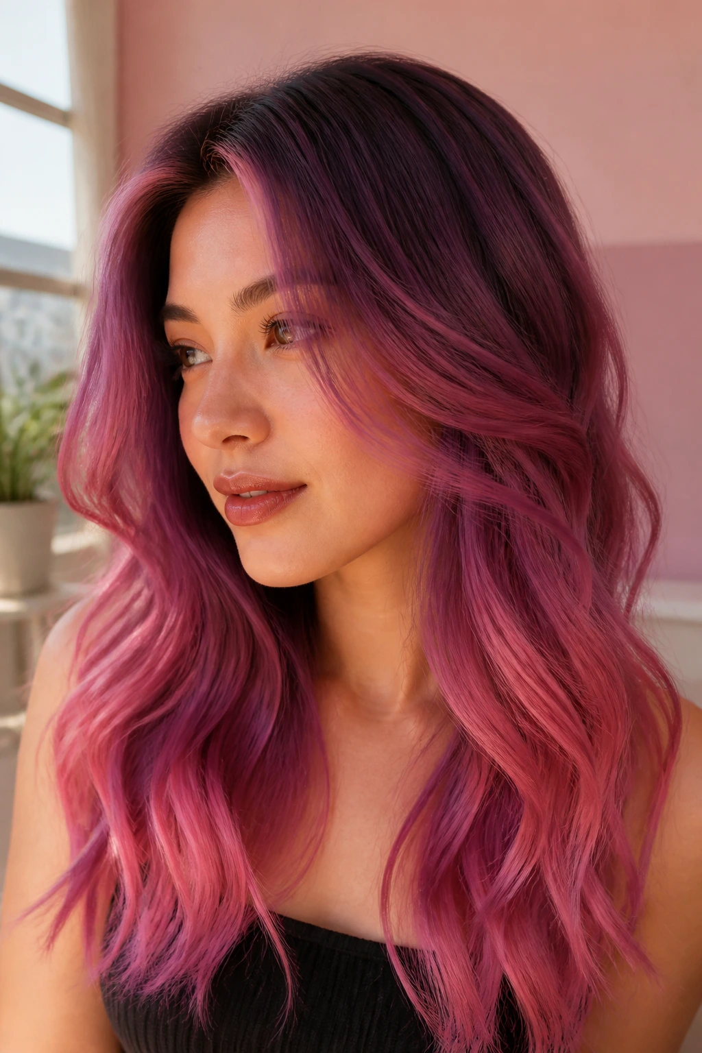 Close-up of a real person with rose-purple ombre hair