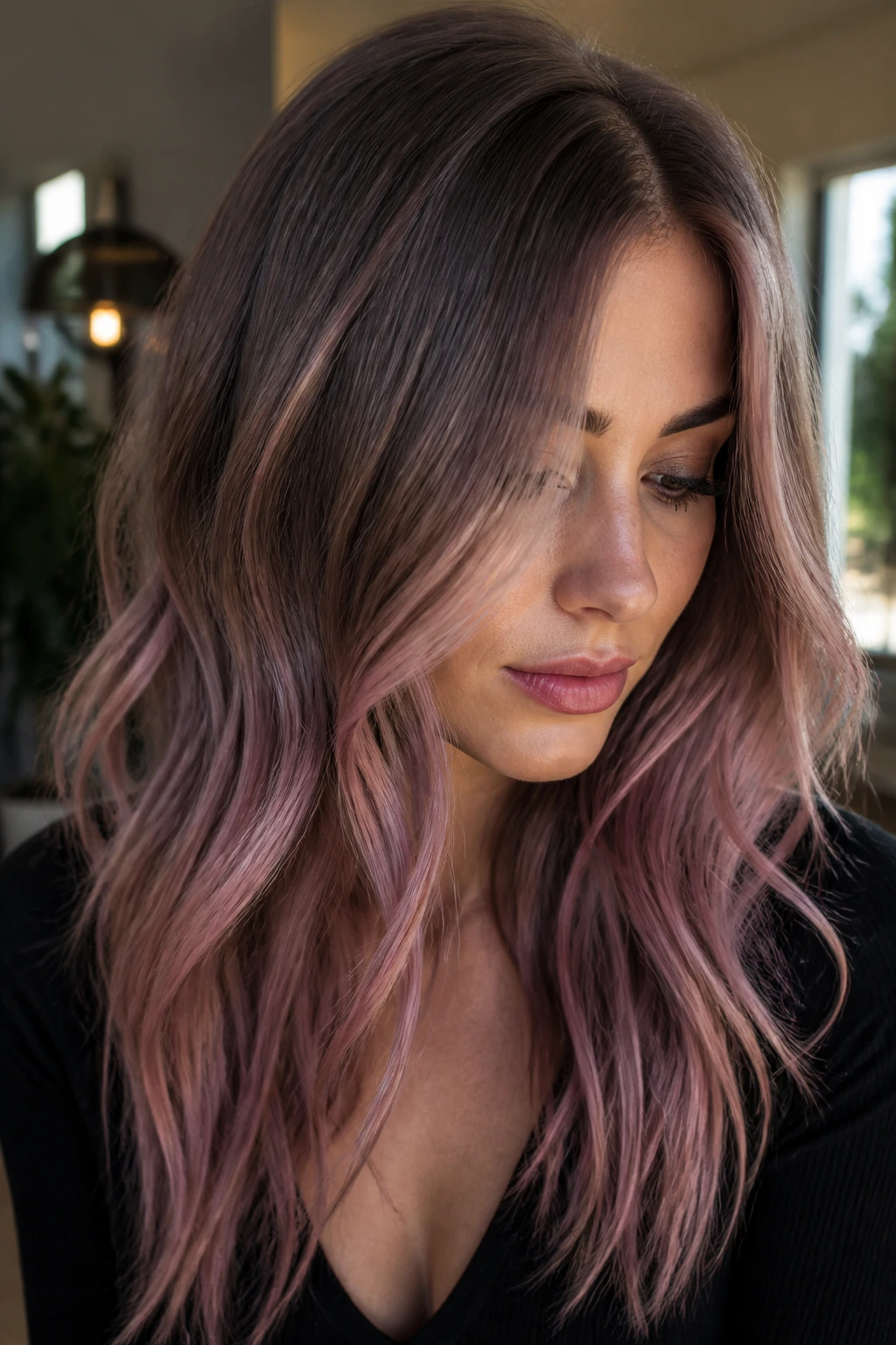 Close-up of real woman with ash brown hair featuring rose quartz balayage in moody window light