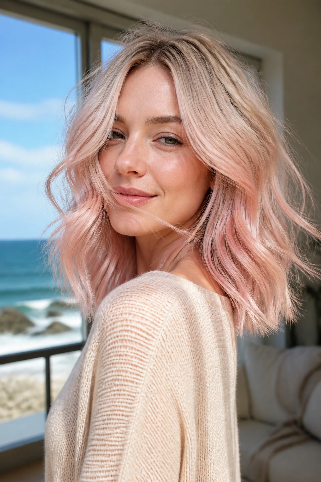 Rose Quartz Blonde Balayage on a real person with pink ribbons through mid-lengths