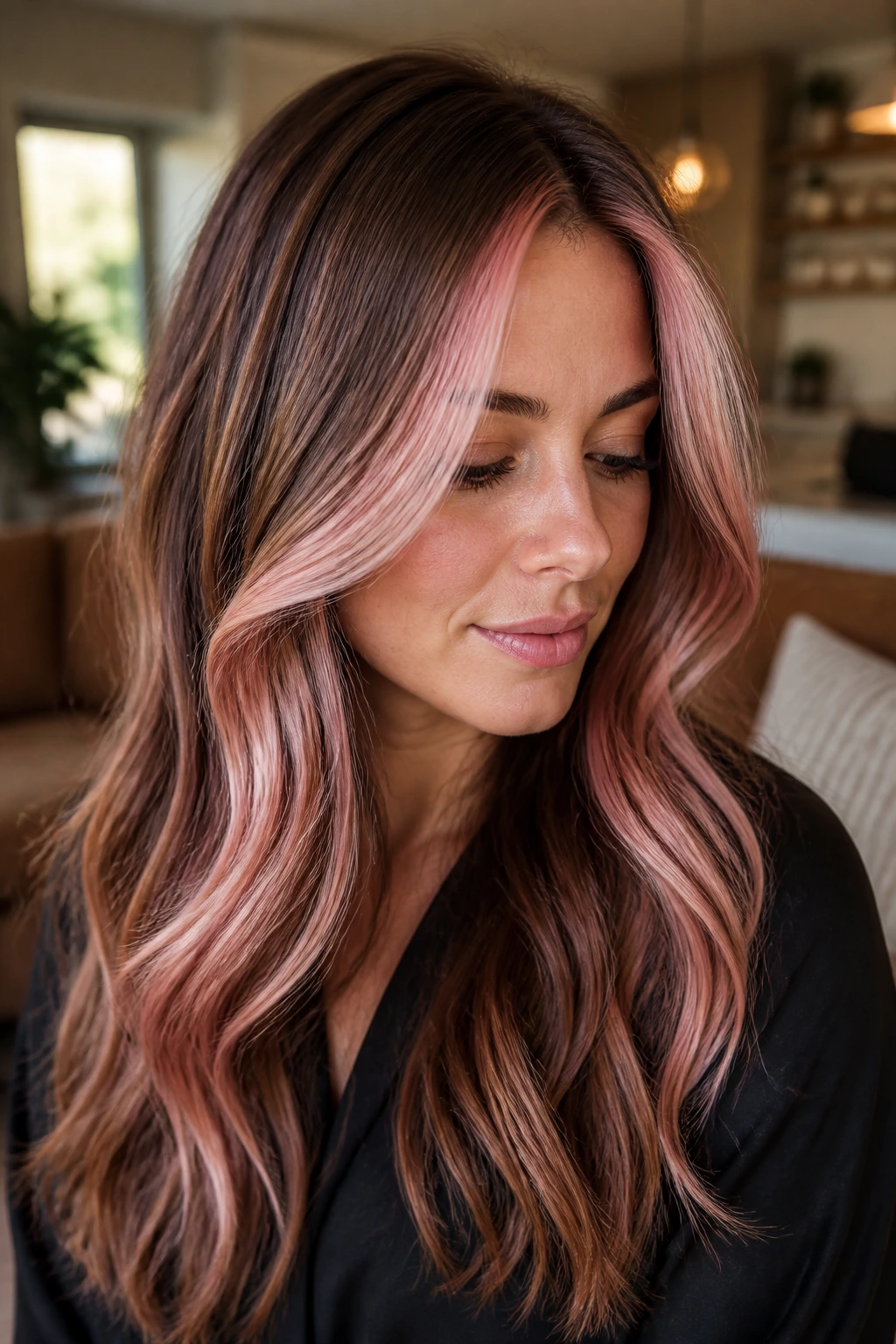 Close-up of brown hair with chunky rose quartz foils around the face