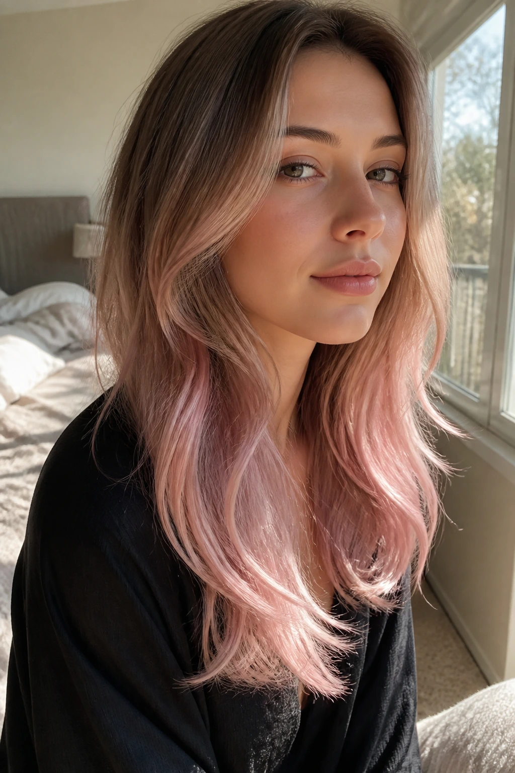 Long layered hair with rose quartz ends on cool skin, close-up portrait