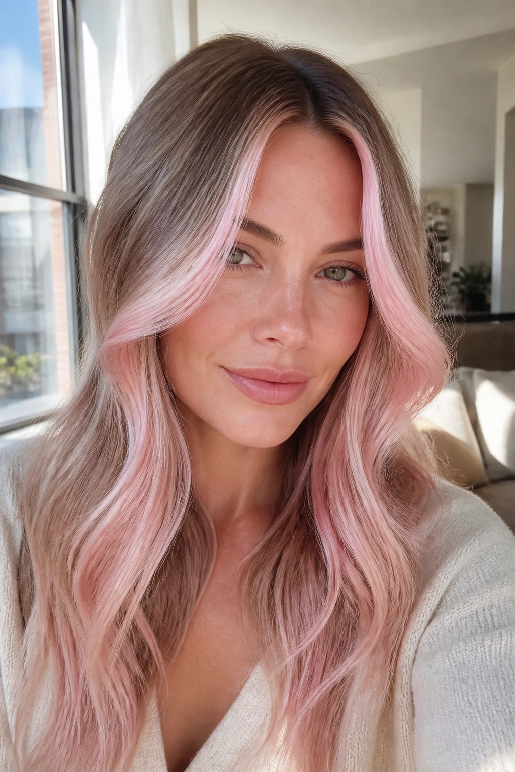 Close-up of a real woman with rose quartz face frame highlighting cool pink tones.
