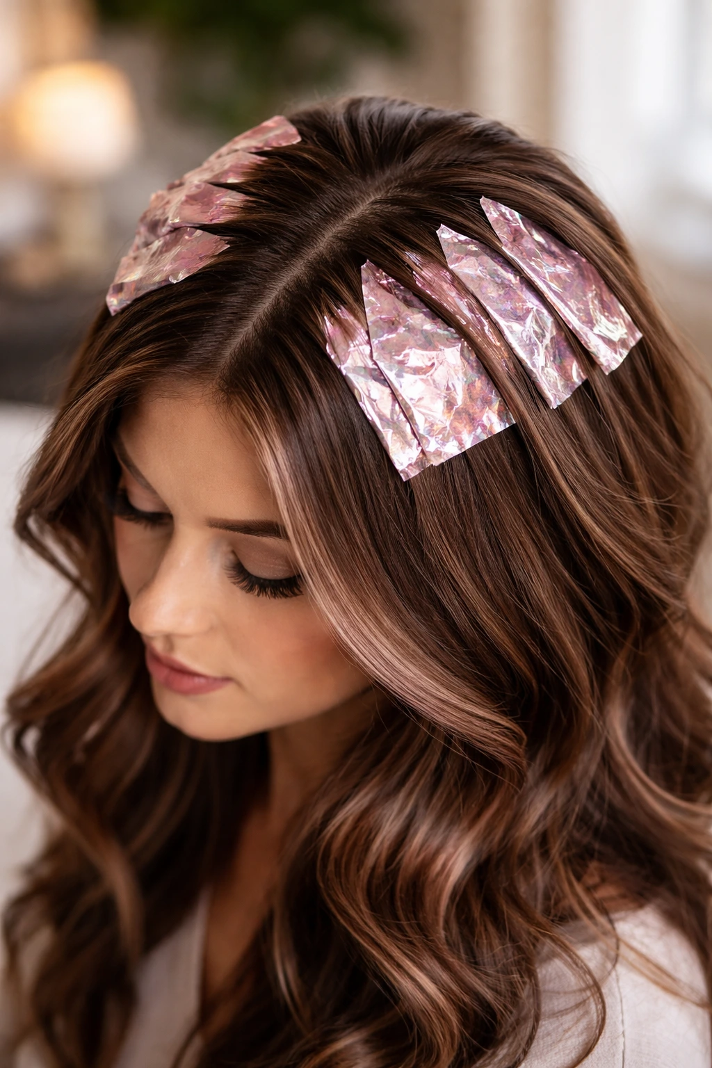 Rose quartz foils around the crown on brown hair in soft light