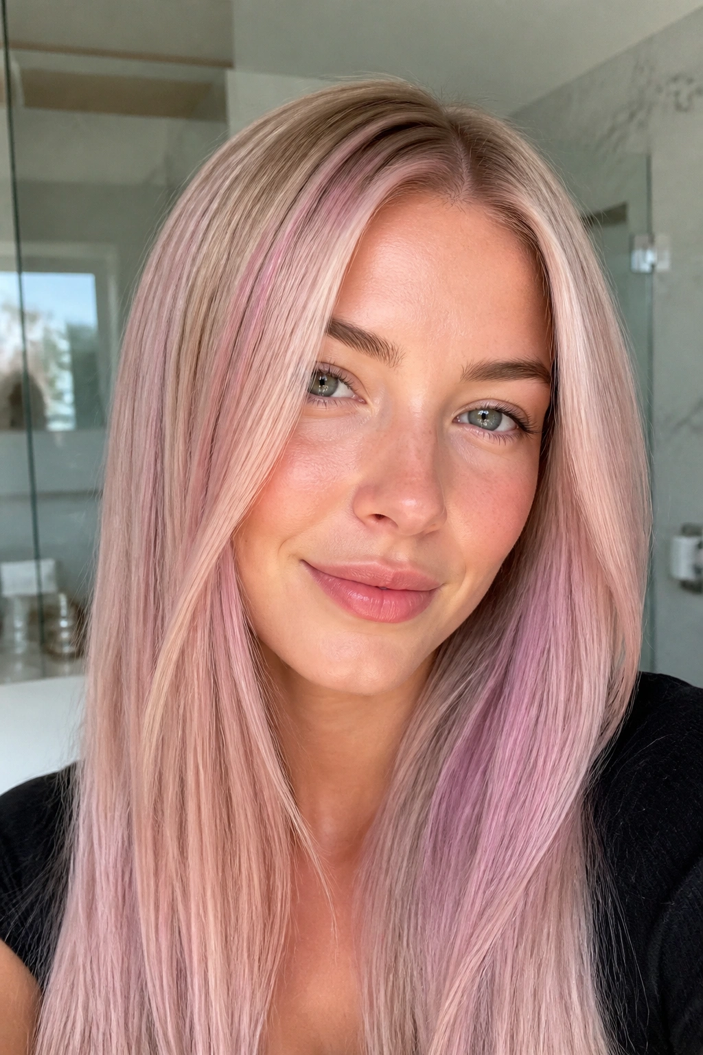 Close-up of a real woman with pale blonde hair showcasing rose quartz gloss.