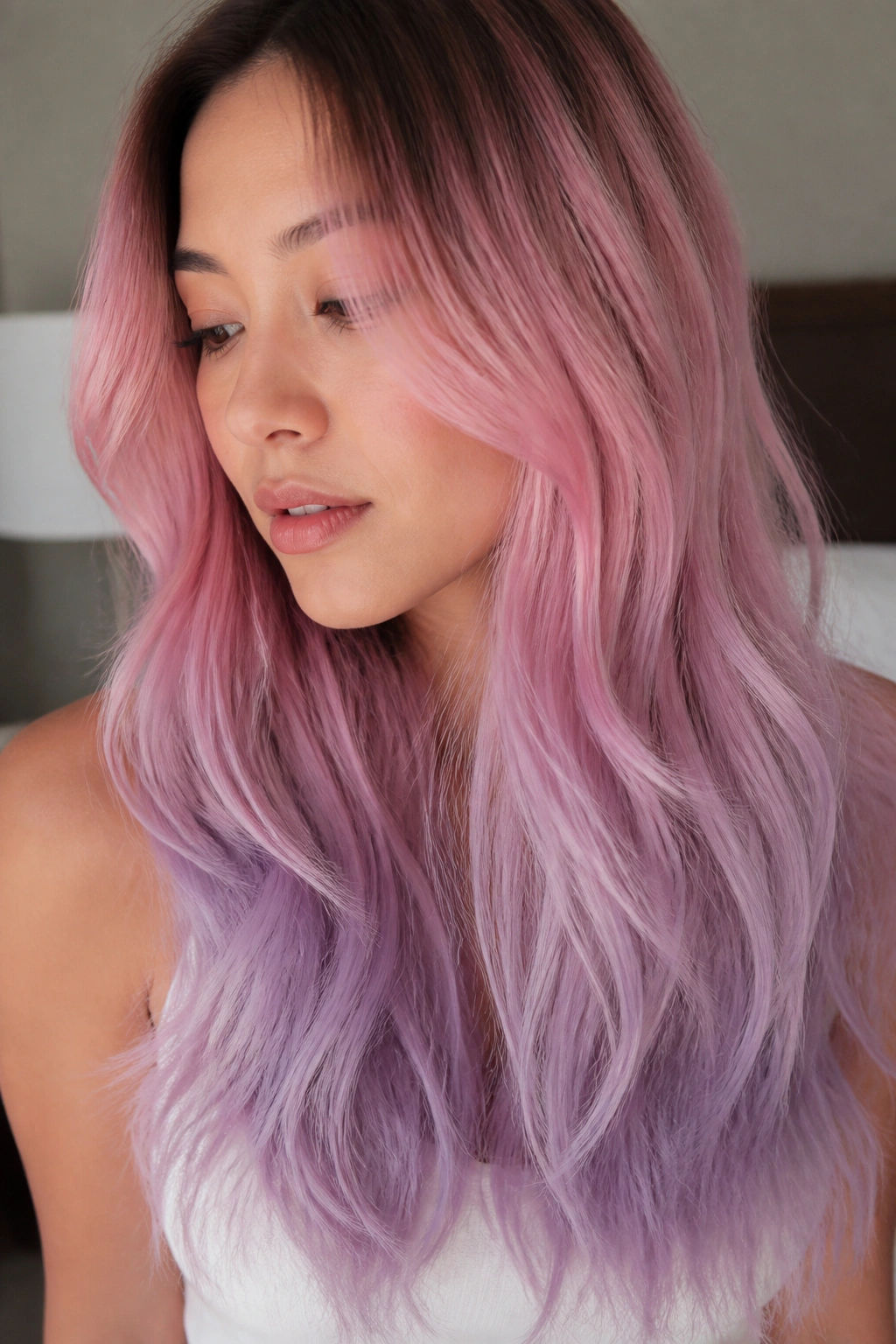 Close-up portrait of a real woman with soft rose-quartz to lilac ombre on long layered hair
