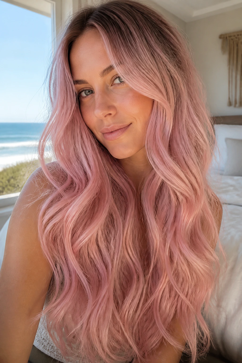 Close-up of a real woman with rose quartz mermaid waves.
