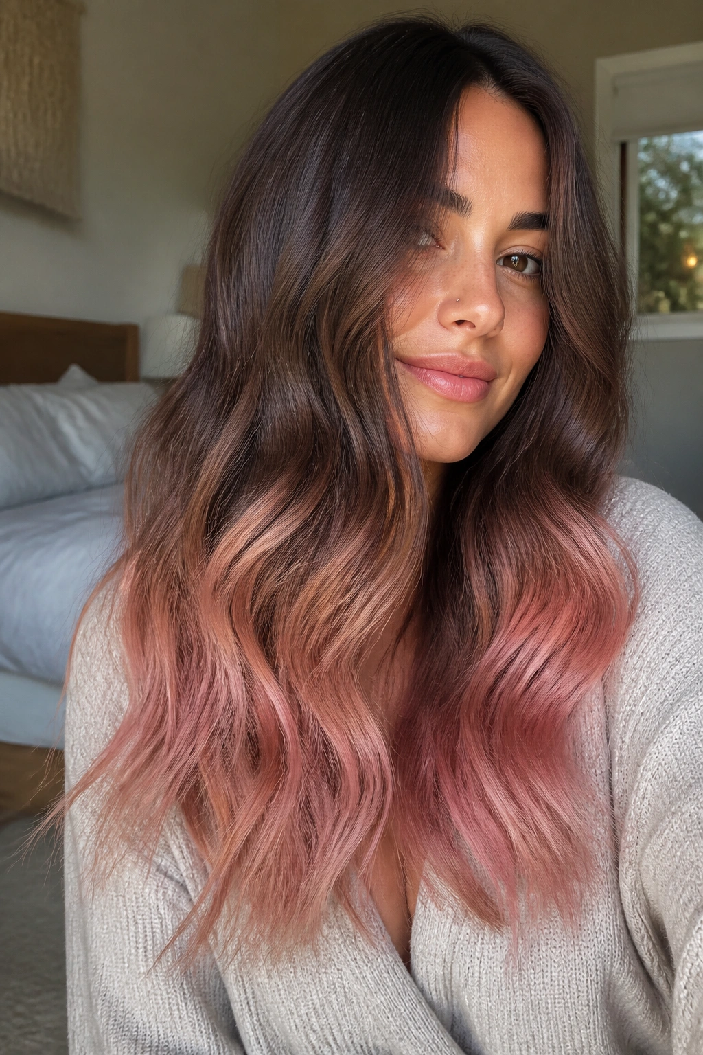 Close-up of a real woman with long brown hair and rose quartz painted ends