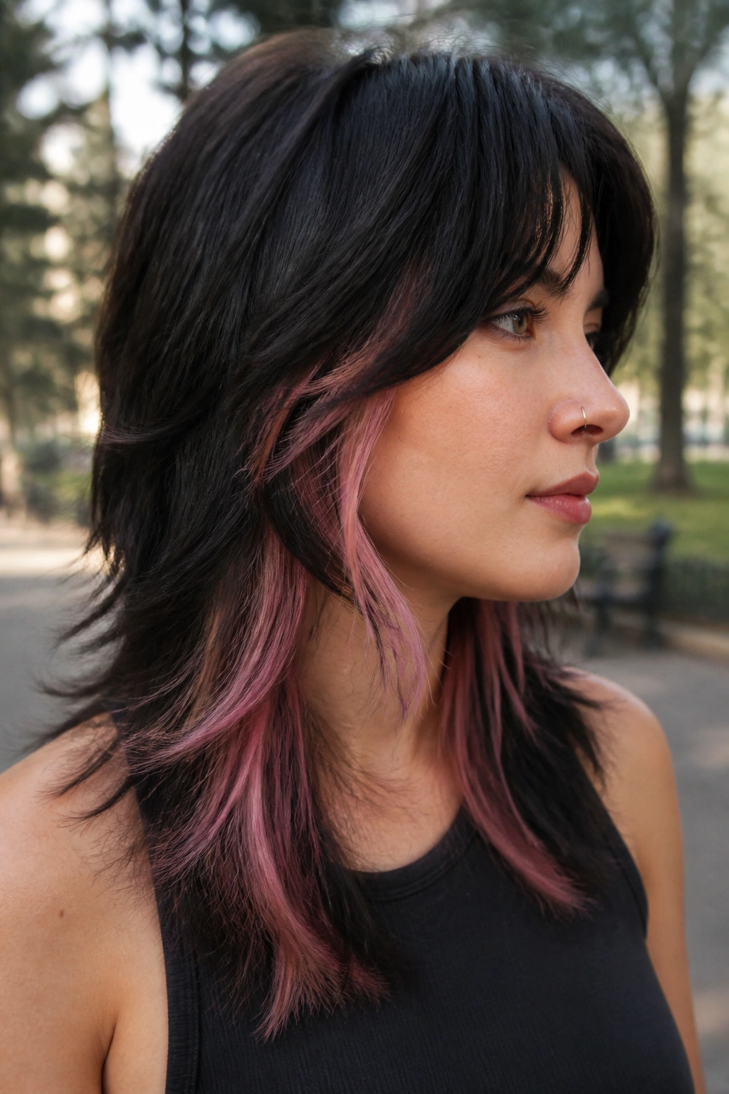 Rose quartz peekaboo in a wolf cut on a real woman