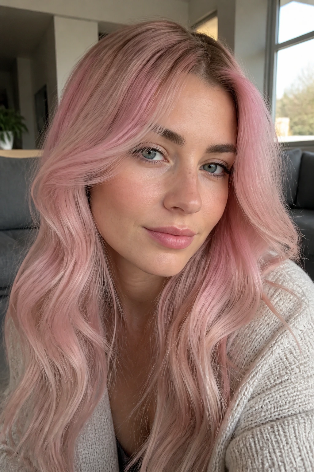 Rose quartz pink hair close-up portrait on blonde base