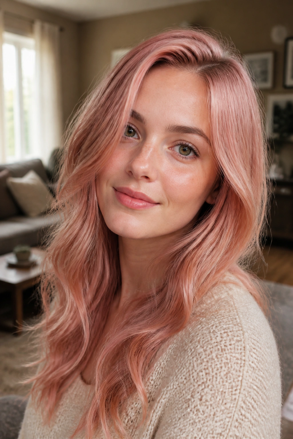 Close-up portrait of a woman with rose quartz strawberry hair and cool complexion