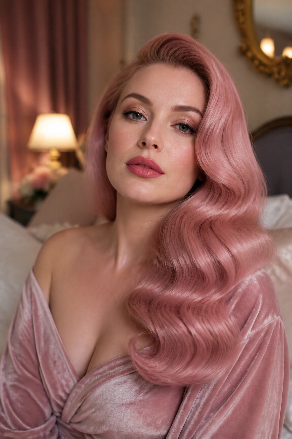 Close-up of a real woman with rose quartz old-Hollywood waves