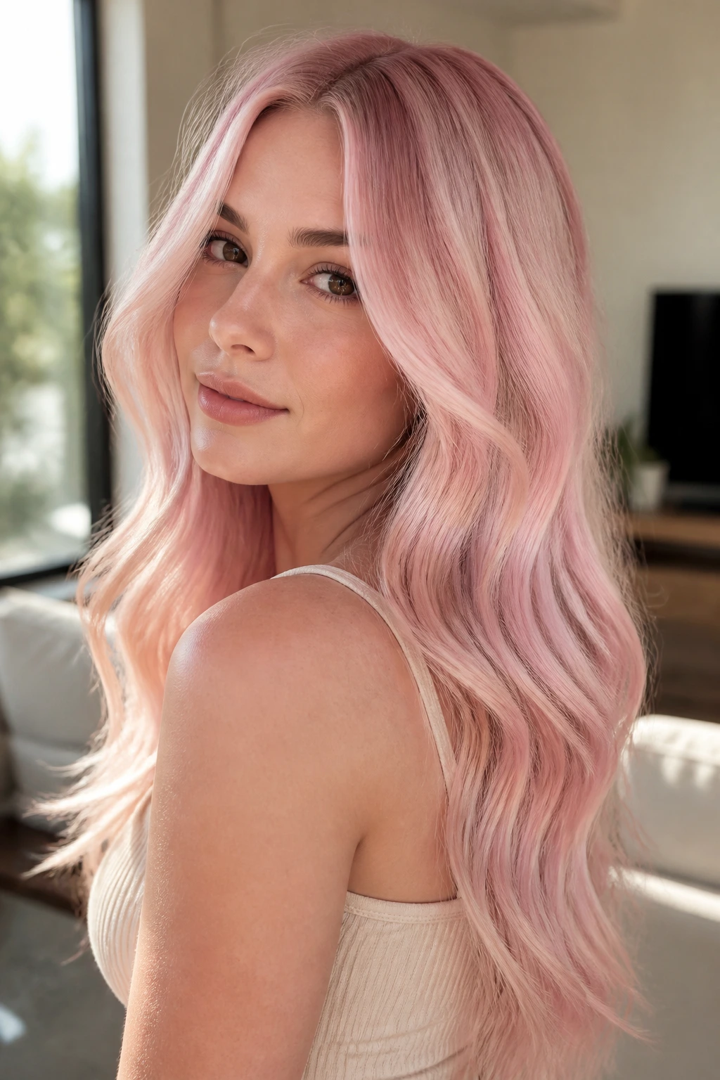 Close-up of a real person with long rose quartz waves.