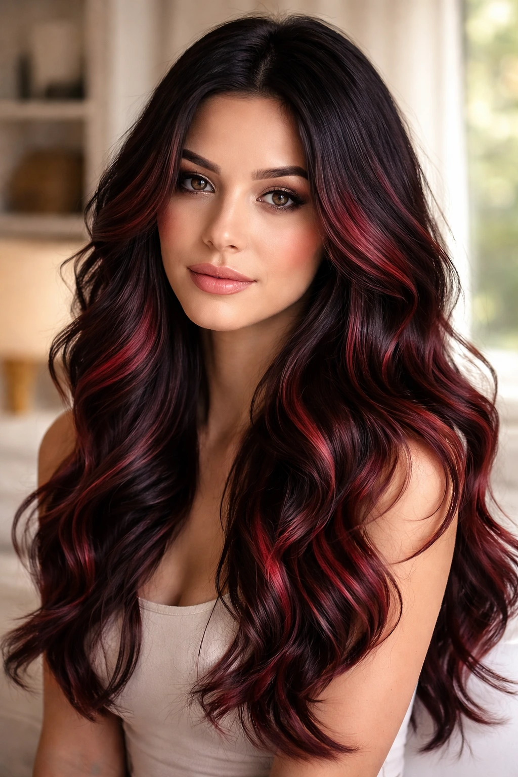 Close-up of a real person with rose-red balayage accents on dark hair