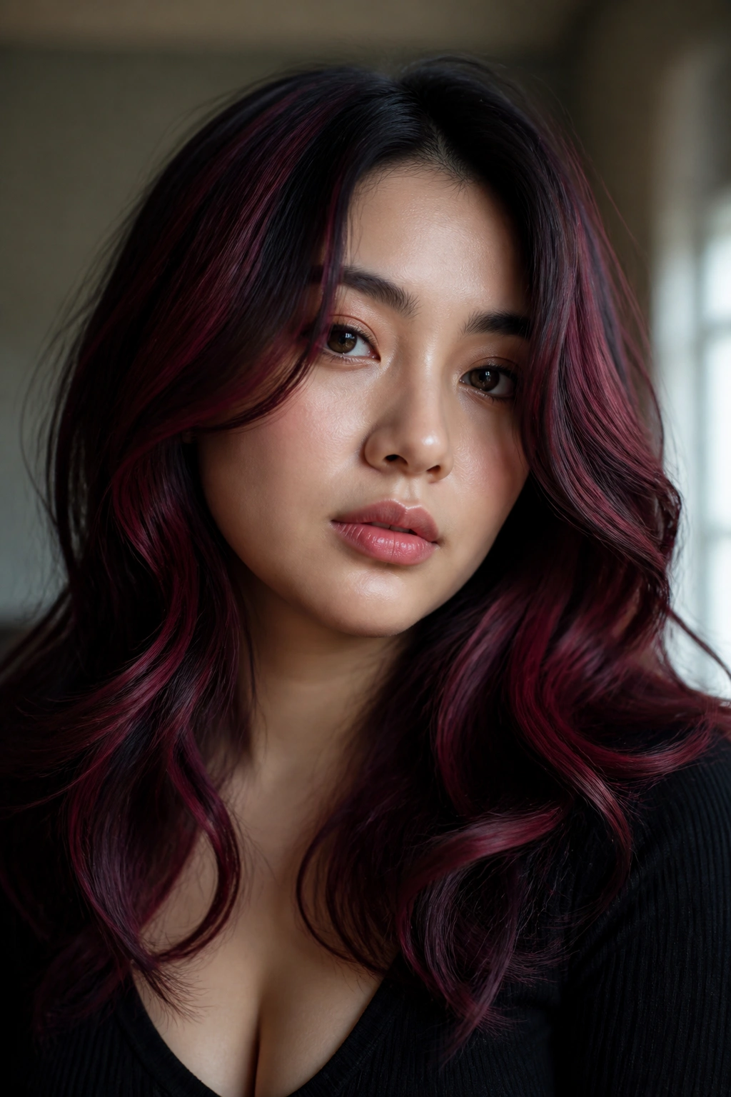 Close-up portrait of a real person with rose-red highlights and smoky black base hair