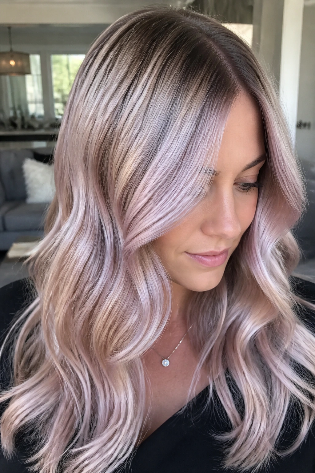 Portrait of a woman with Rose Silver Melt hair color in a modern living room.