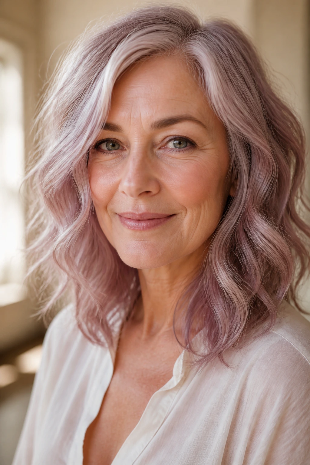 Portrait of a real woman with rose-smoke hair in soft waves under natural light