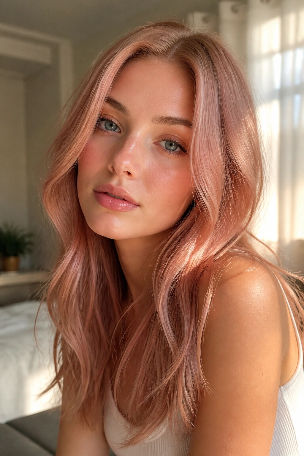 Close-up portrait of a woman with Rosé Strawberry Blonde hair under warm window light
