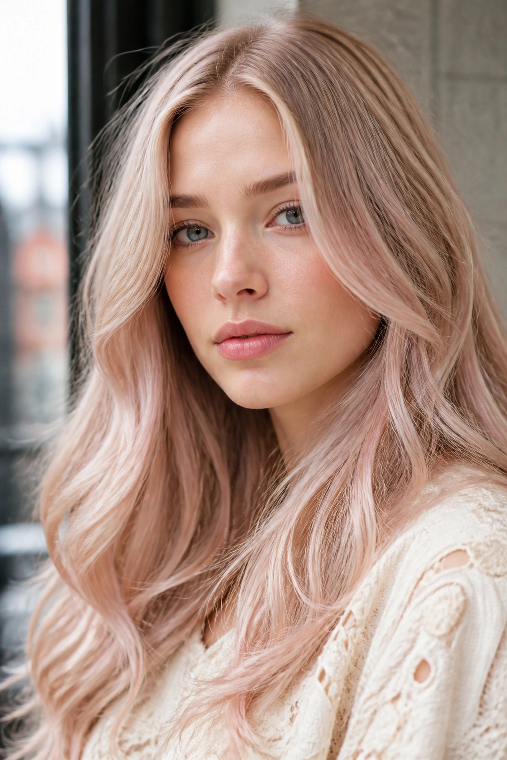 Real woman with rosé-tinted champagne blonde hair and soft pink undertone