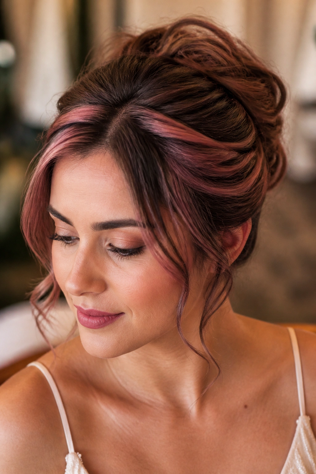 Real woman with rose-tinted crown lights accenting an updo