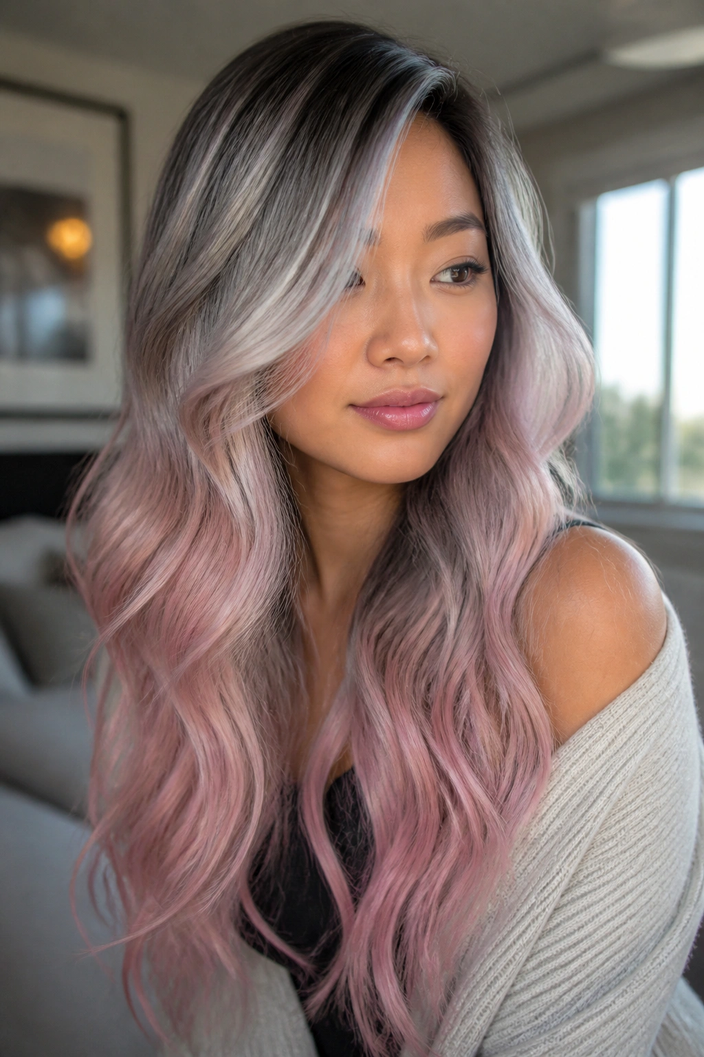 Close-up of woman with rose-tinted silver ombre and long waves by a window