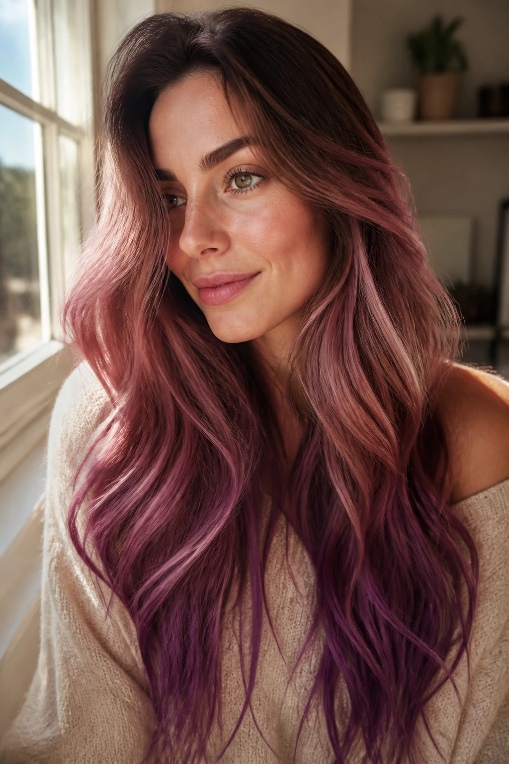 Close-up portrait of a real woman with rose-to-violet gradient hair in natural window light