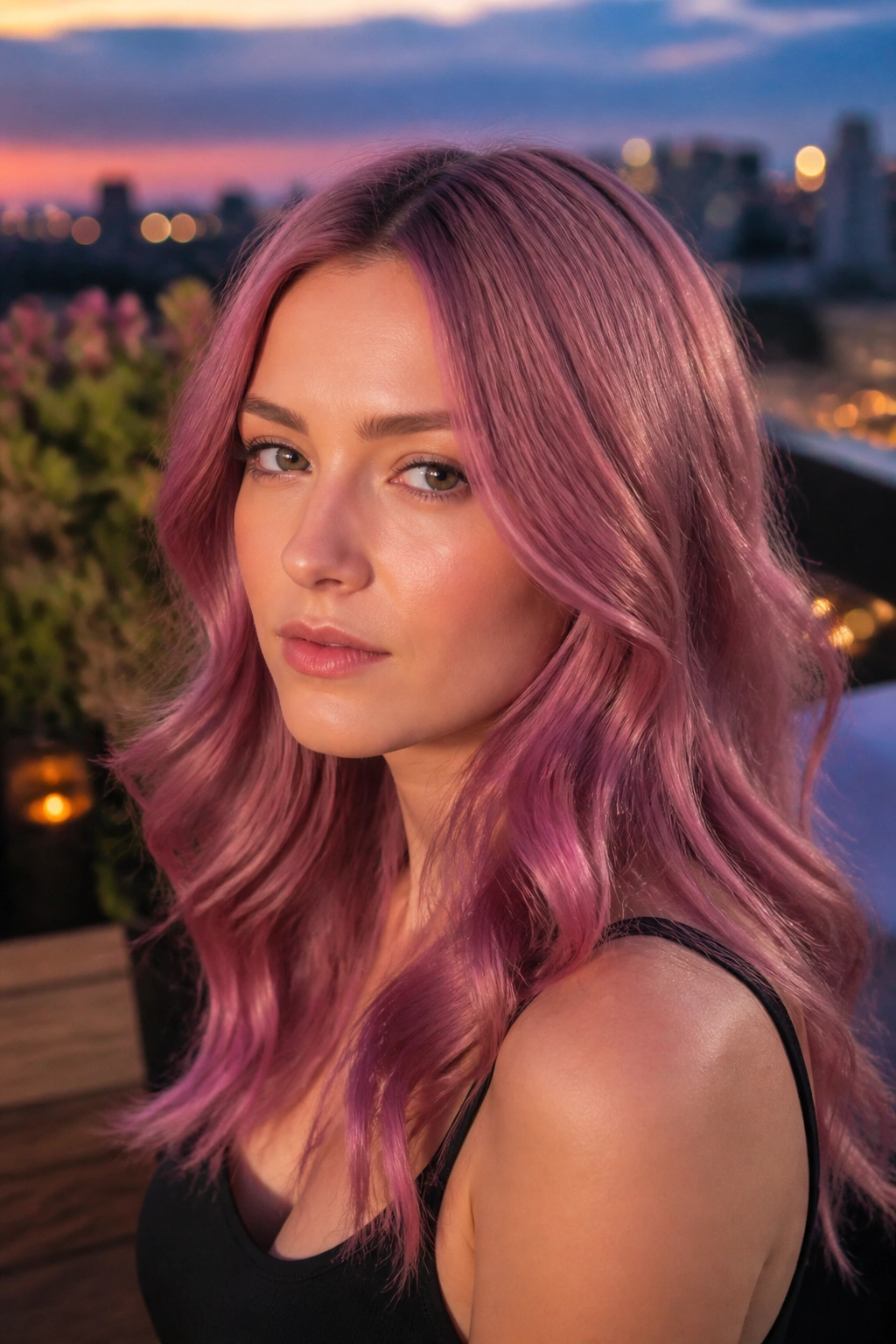 Close-up portrait of a woman with rose violet hair in glossy waves at dusk