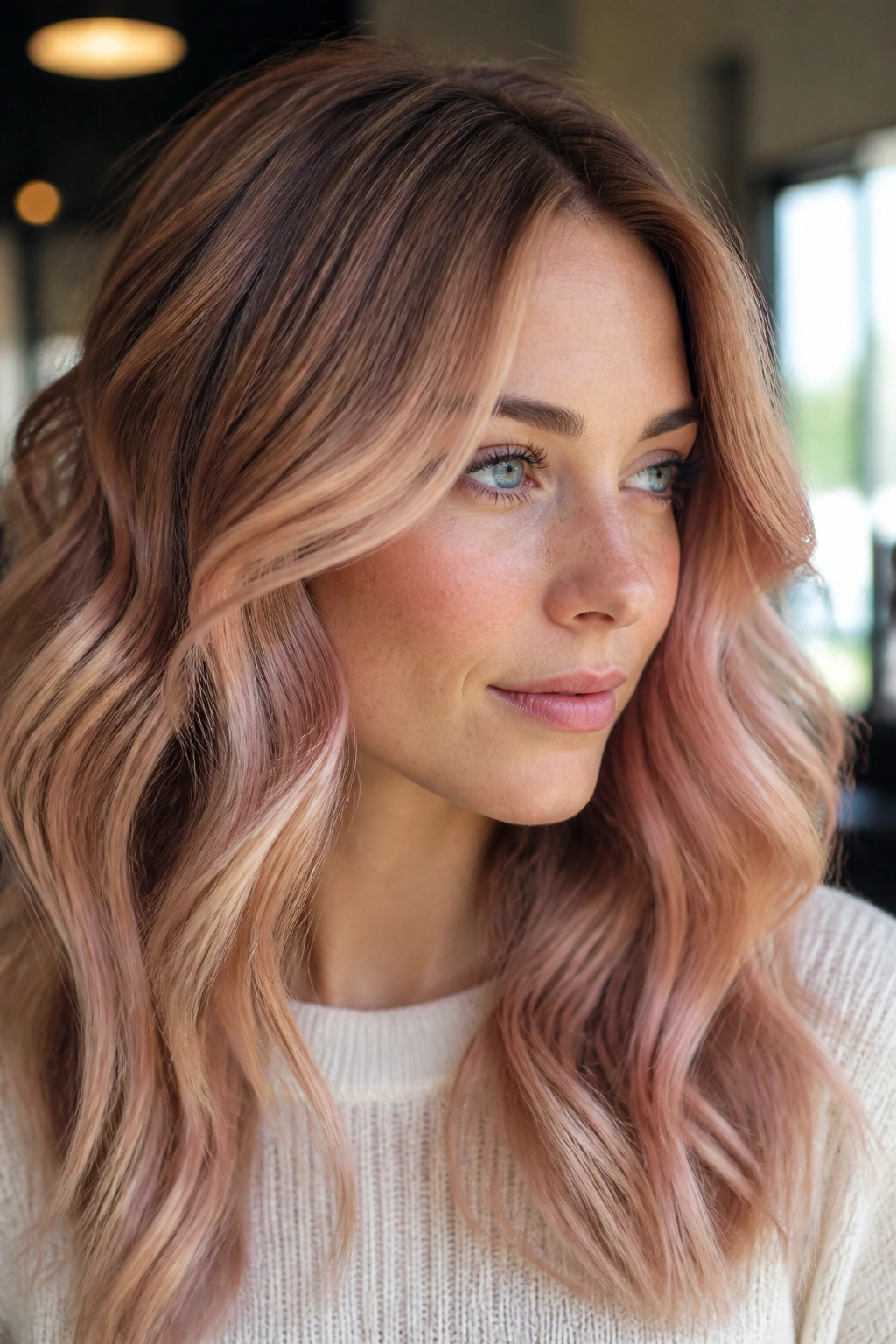 Close-up of a real woman with Rose Gold Strawberry Blonde Balayage highlighting around the face