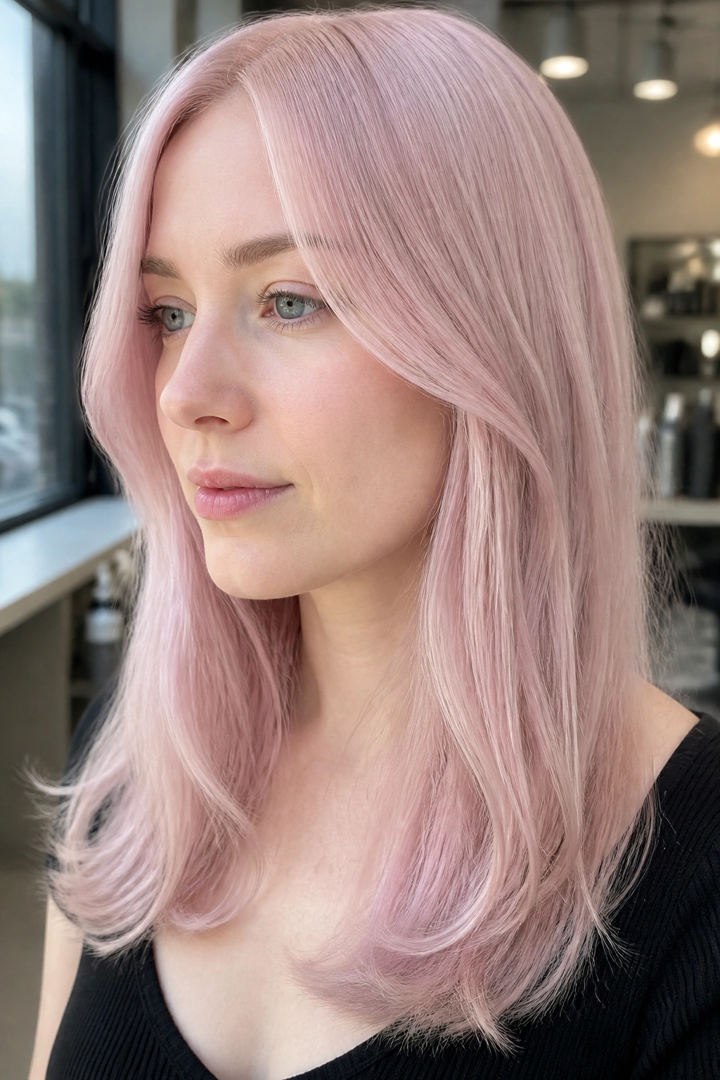 Close-up portrait of a person with icy rose quartz hair in a cool-toned salon setting