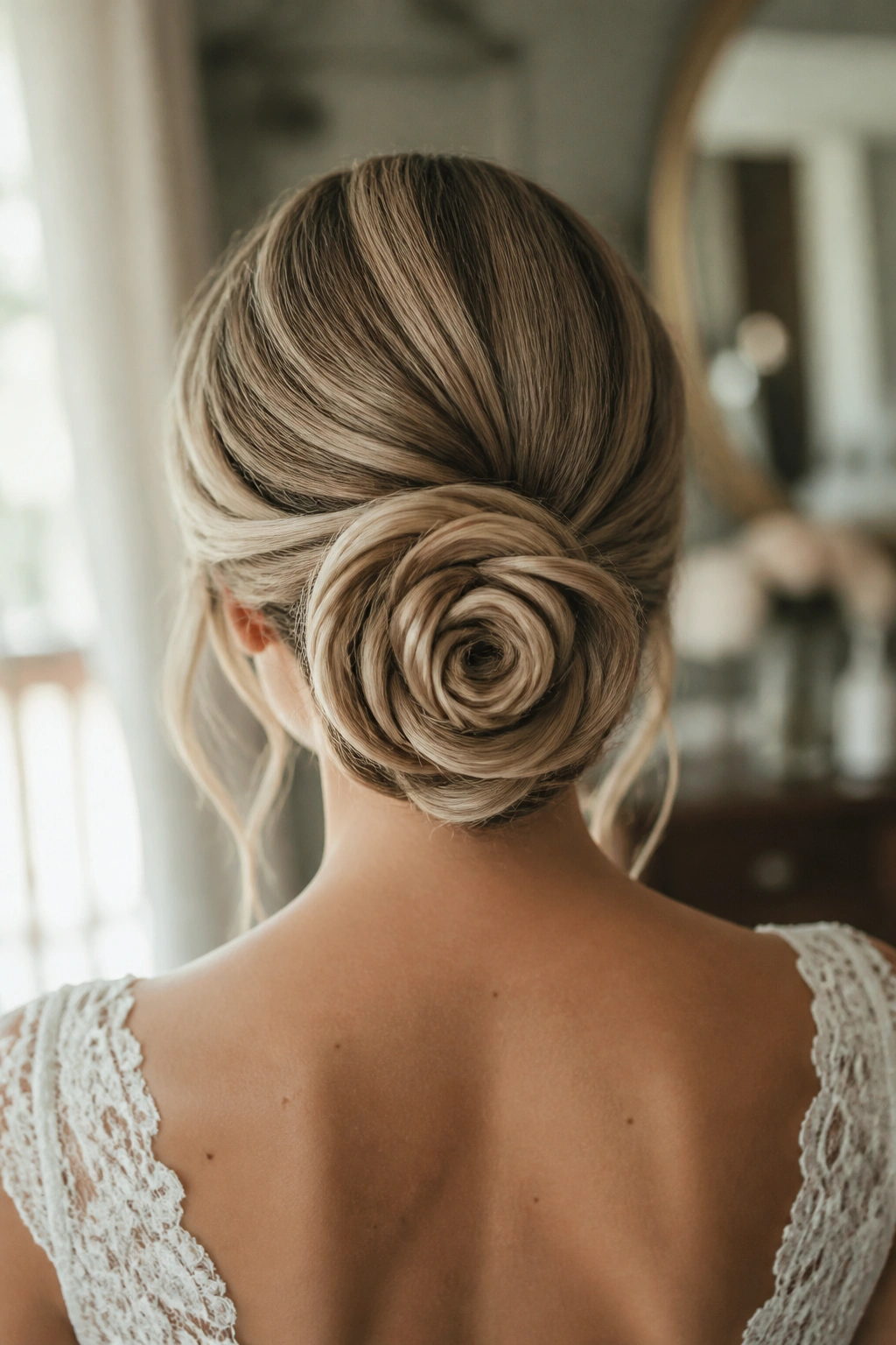Back-of-head rosette chignon at the nape of a real bride