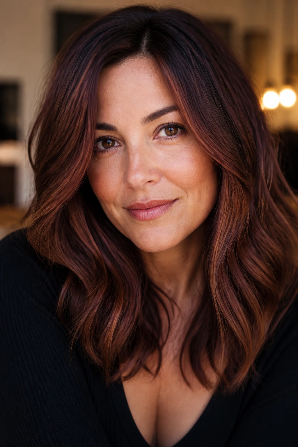Real woman with medium brown hair showing rosewood auburn blend under warm indoor light.