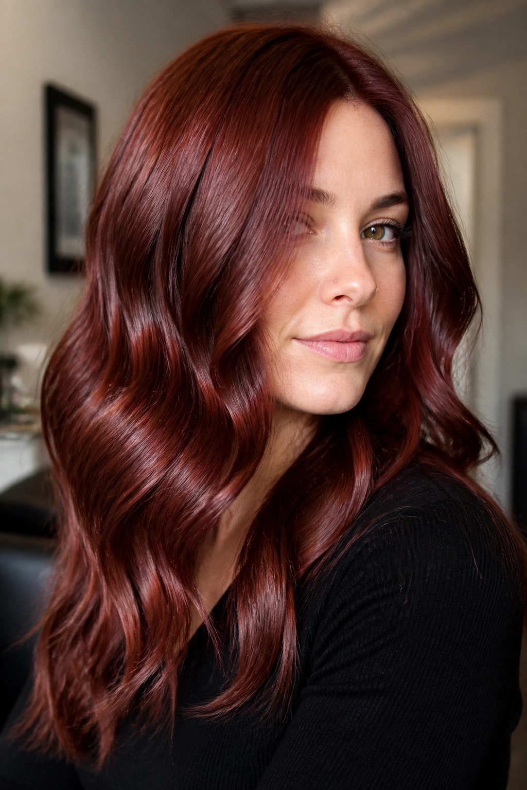 Close-up of a woman with rosewood auburn hair and gloss in bright indoor light