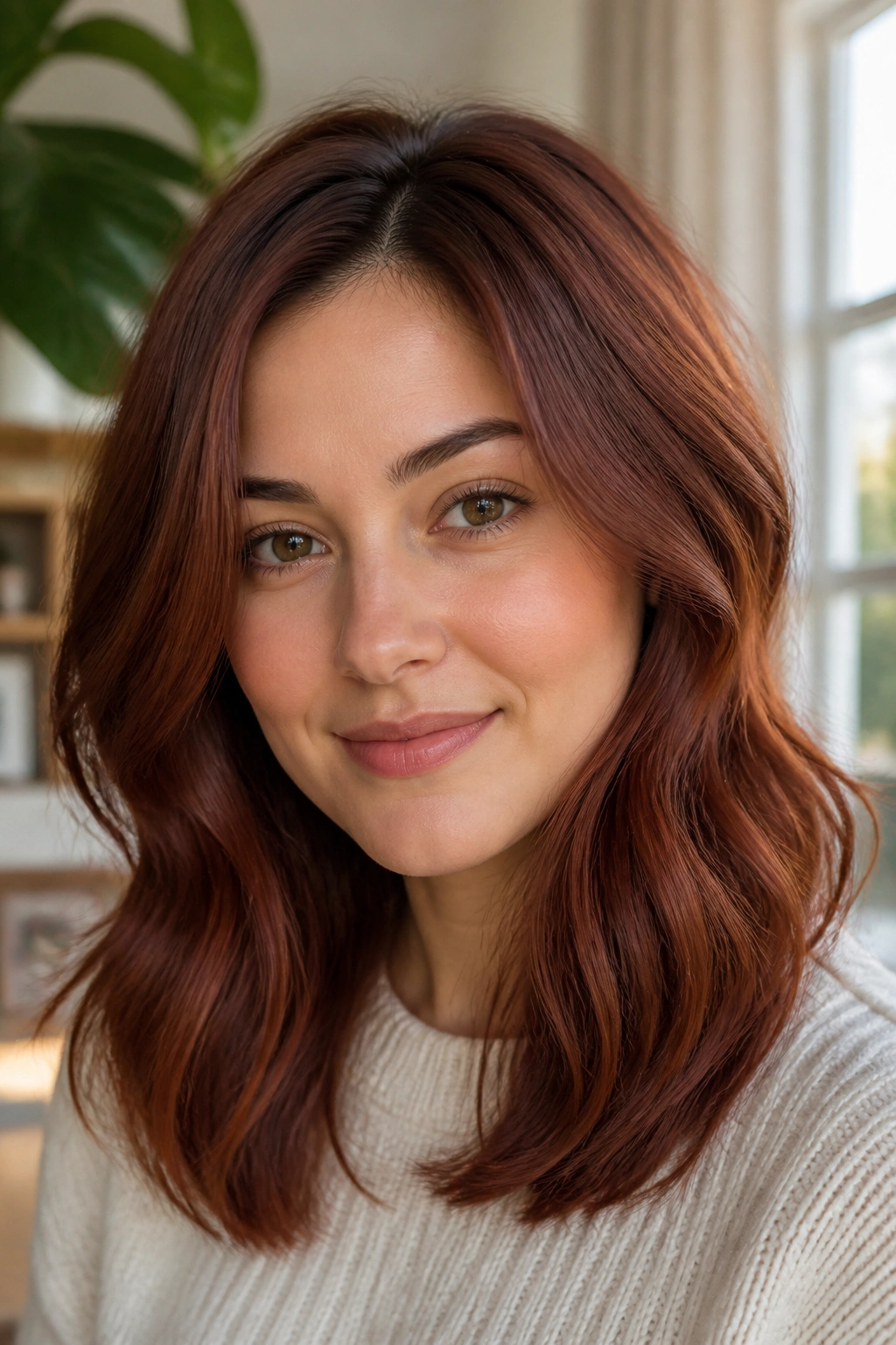 Portrait of a real woman with rosewood auburn hair soft muted warmth