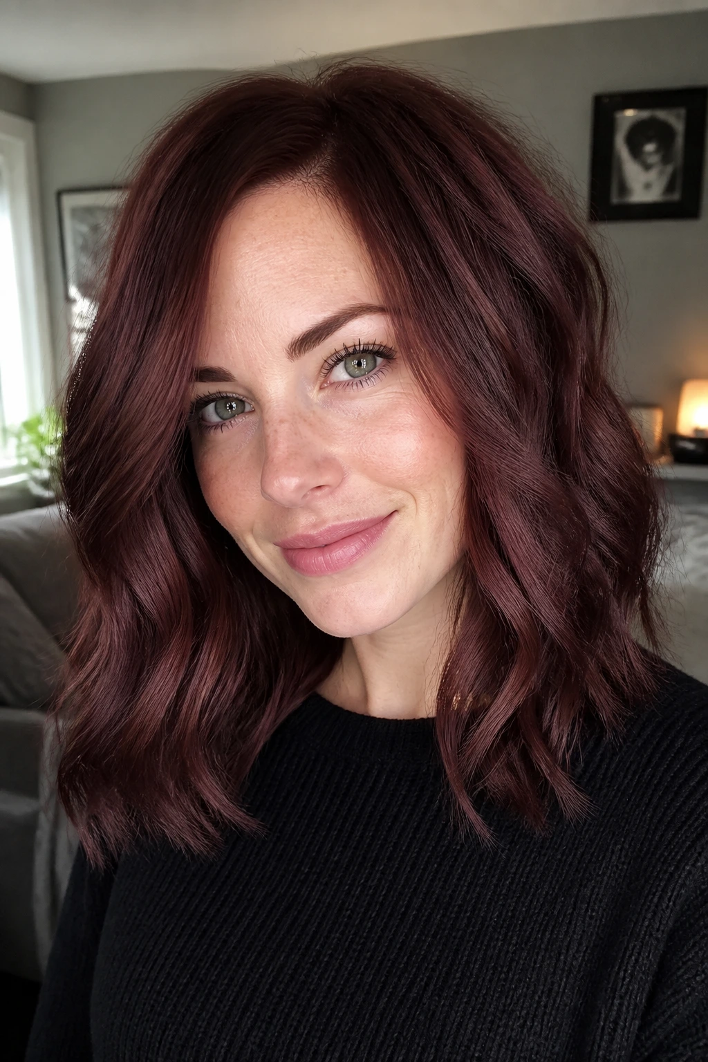 Portrait of a person with rosewood auburn hair and cool skin tones in window light