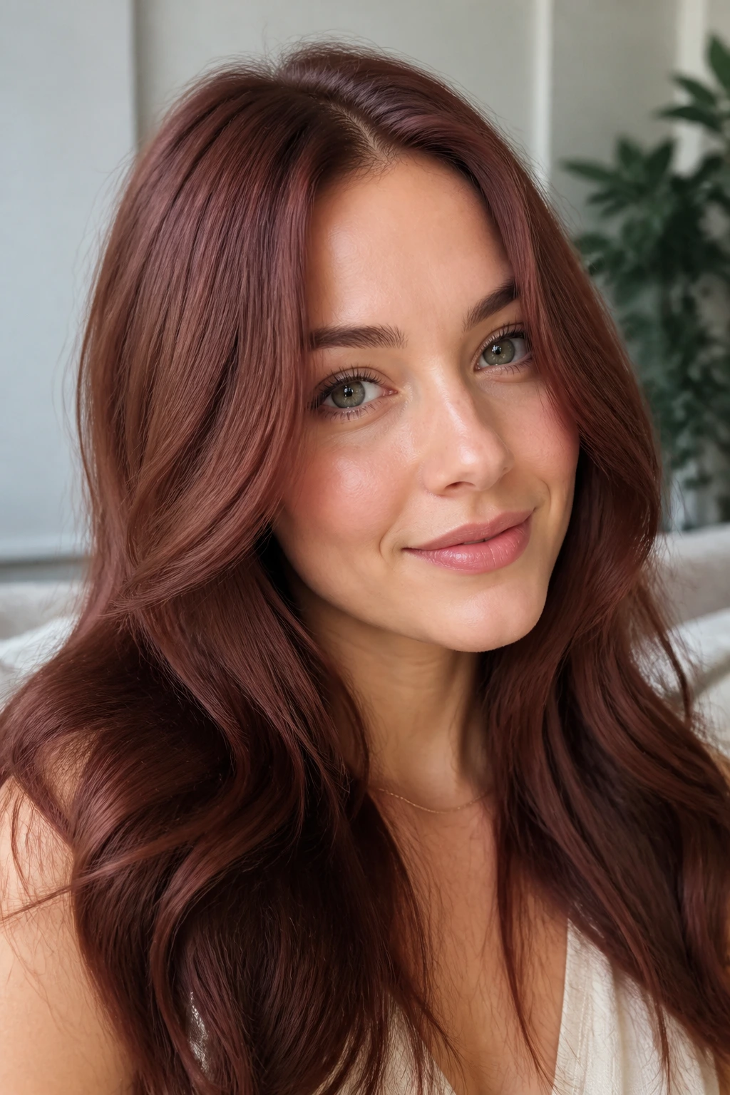 Close-up portrait of a real woman with rosewood auburn hair in bright daylight