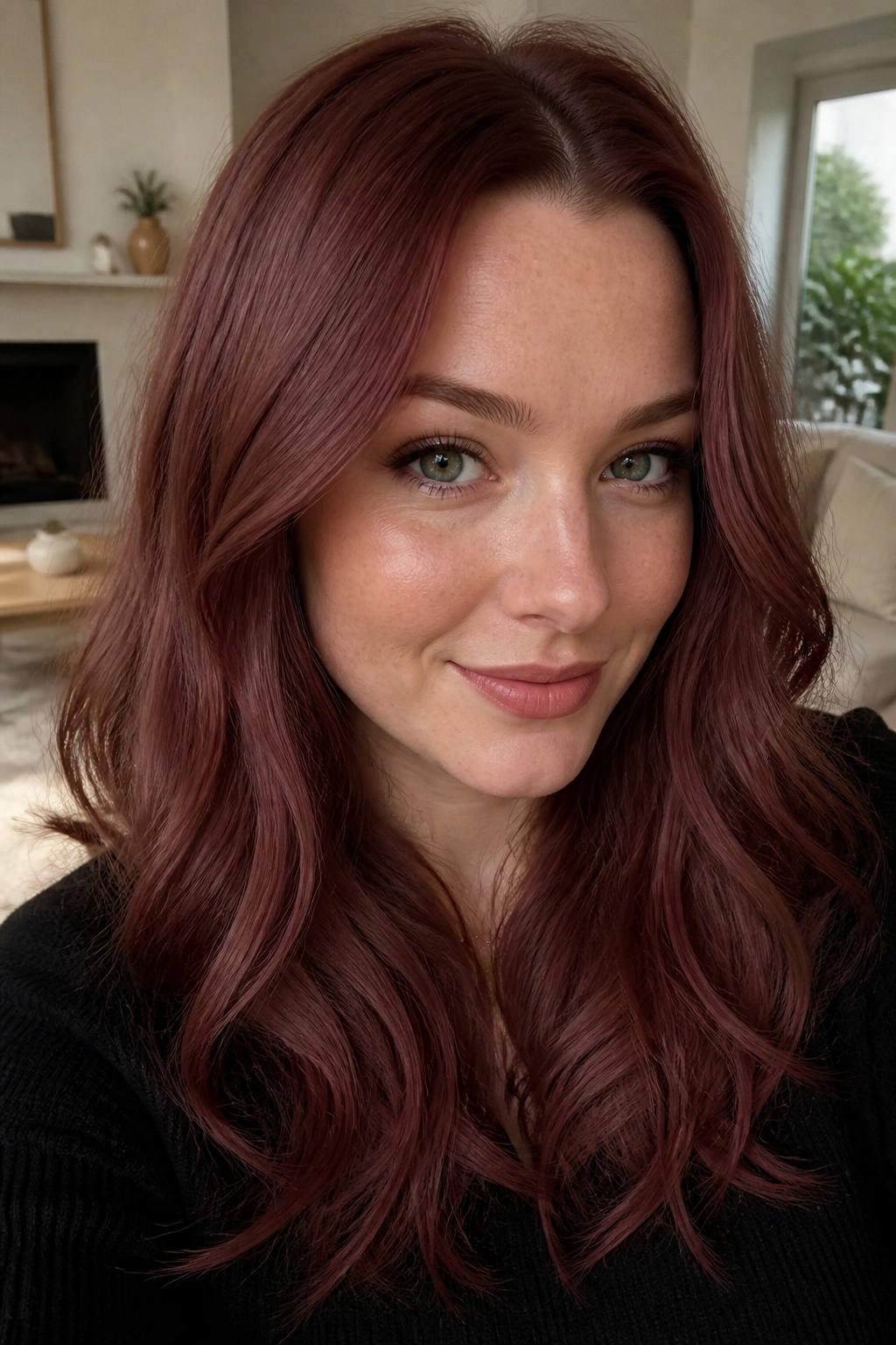 Close-up portrait of a woman with rosewood auburn hair in daylight