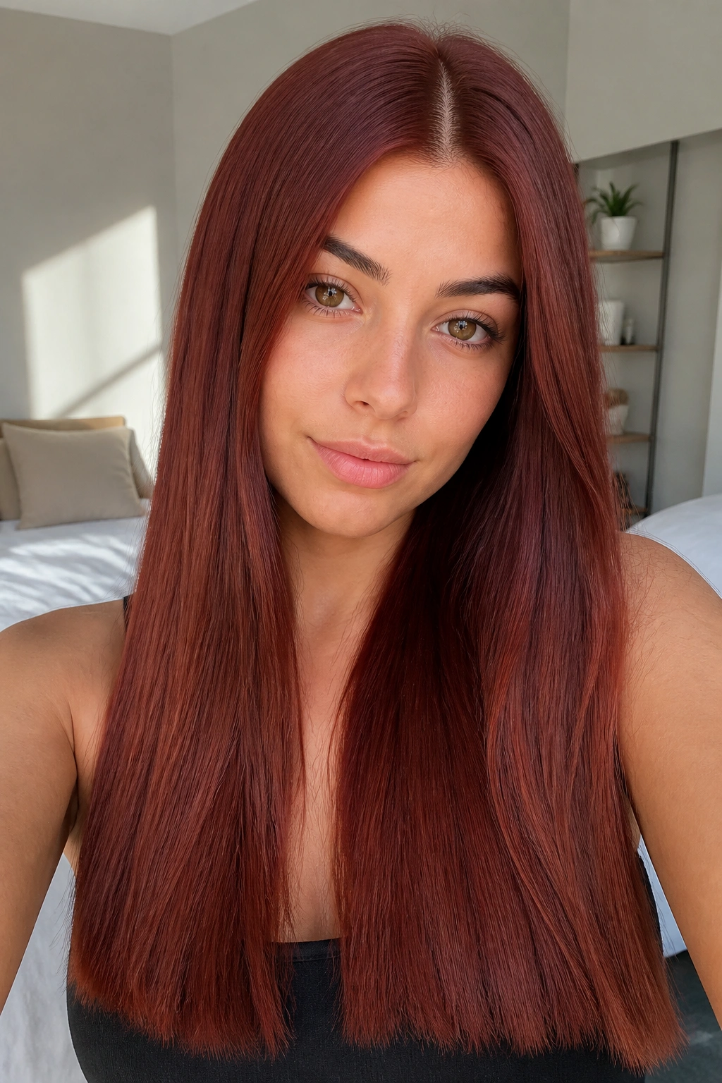 Close-up portrait of a real woman with long straight rosewood auburn hair in a center-parted blunt cut.