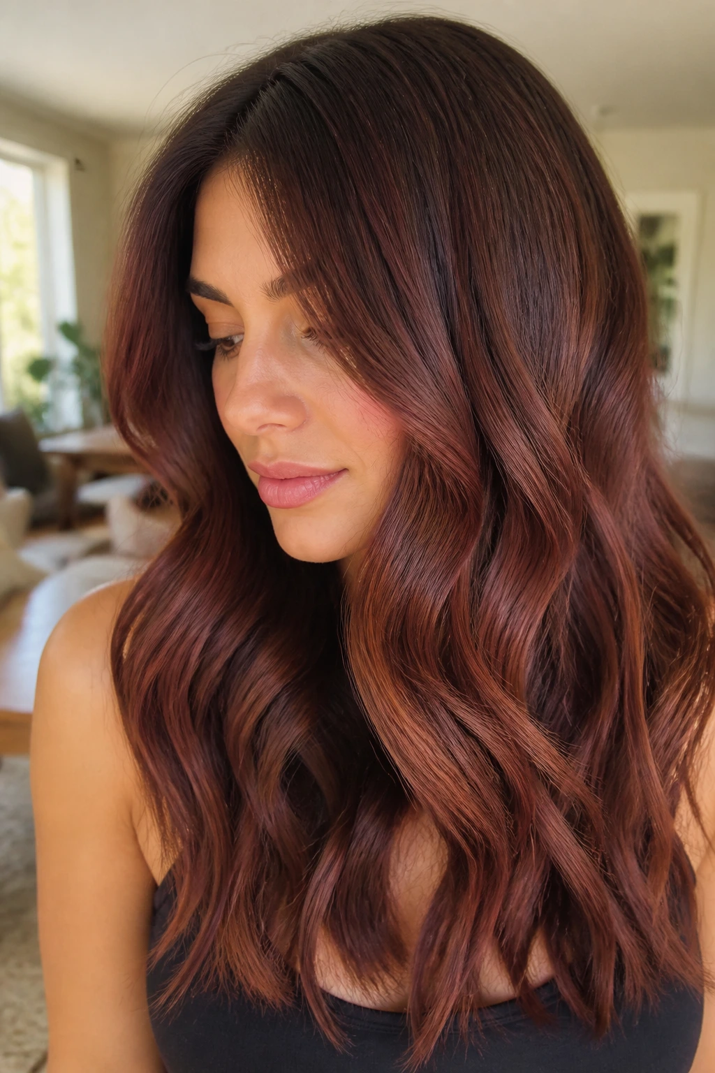 Close-up of a real woman with soft brown hair featuring rosewood balayage in warm light