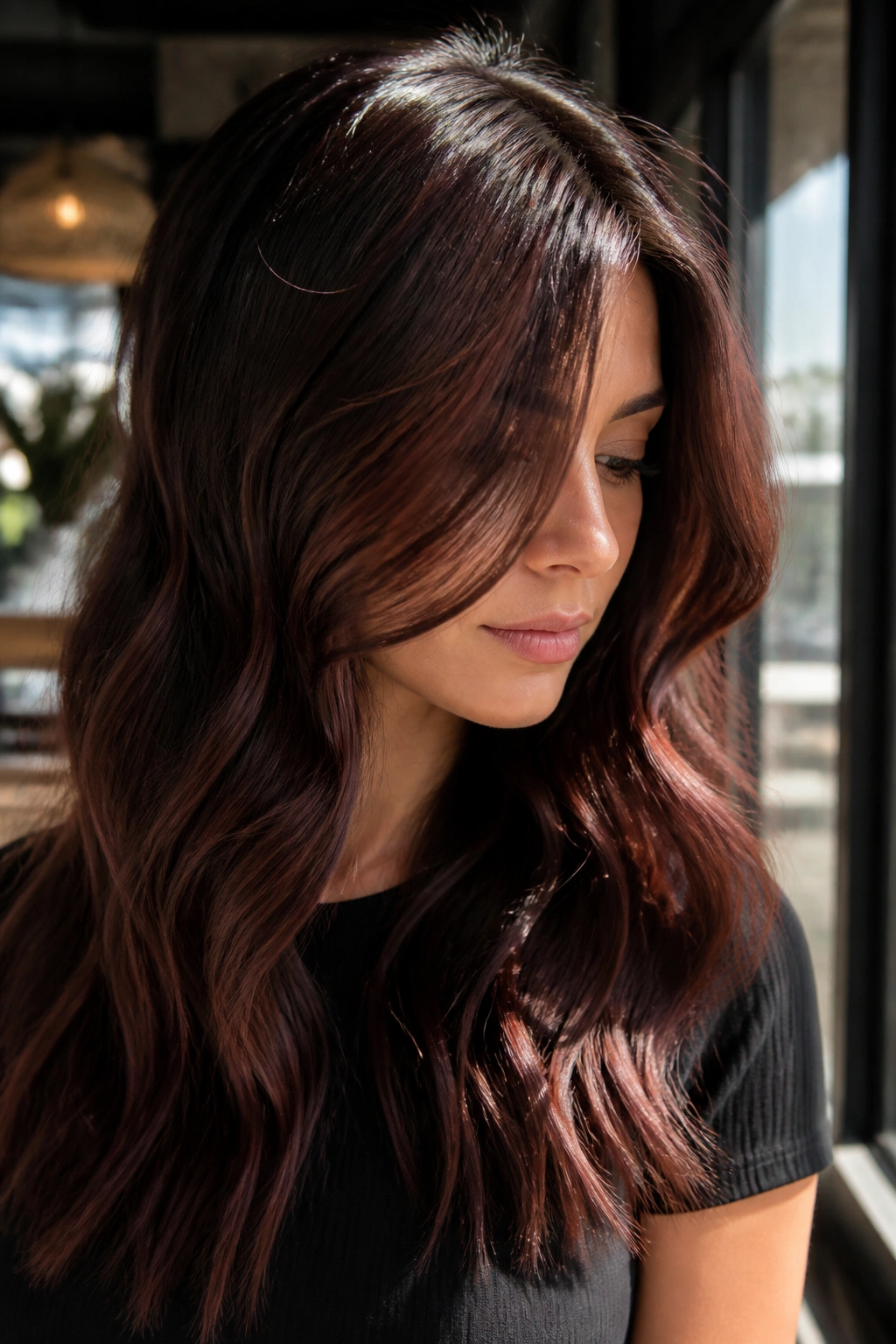 Close-up portrait of a real woman with rosewood balayage, muted red-brown tones
