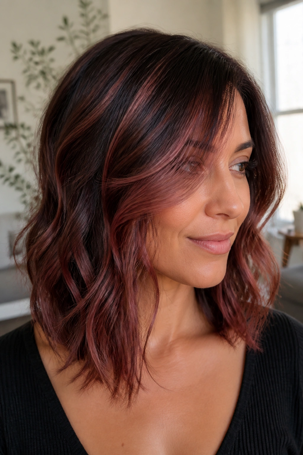Close-up of a real woman with rosewood balayage on brunette hair.