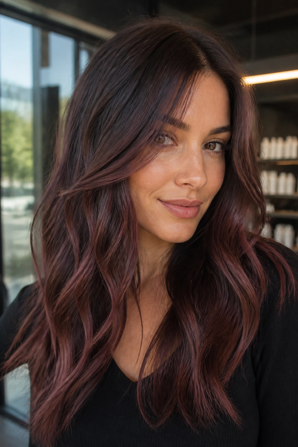 Close-up of a real person with cool brunette hair and Rosewood Balayage