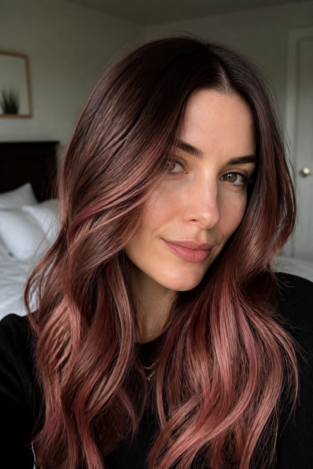 Close-up of a woman with rosewood balayage hair in a softly lit bedroom.