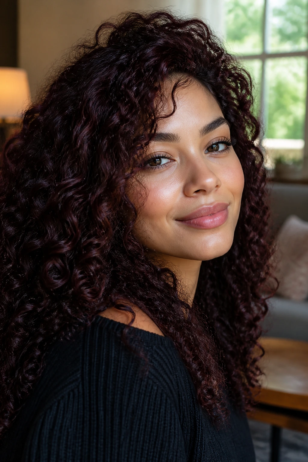 Close-up of a real woman with curly hair in Rosewood Black for Soft Warmth, warm indoor lighting
