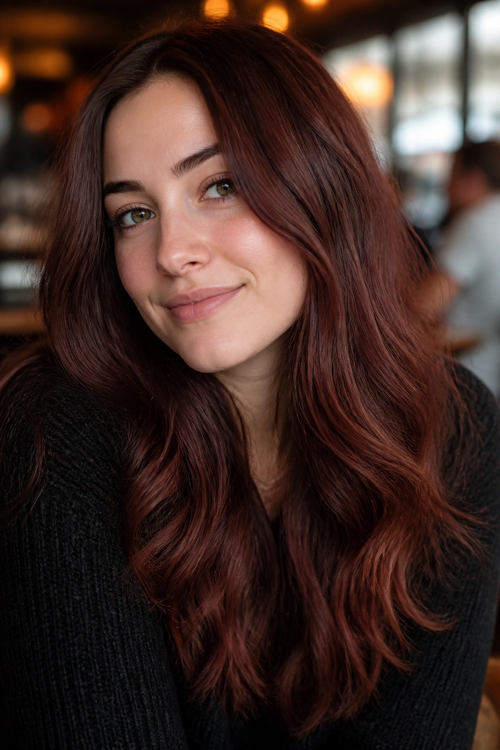 Close-up portrait of a real person with rosewood brown hair and dusty pink-brown undertones.
