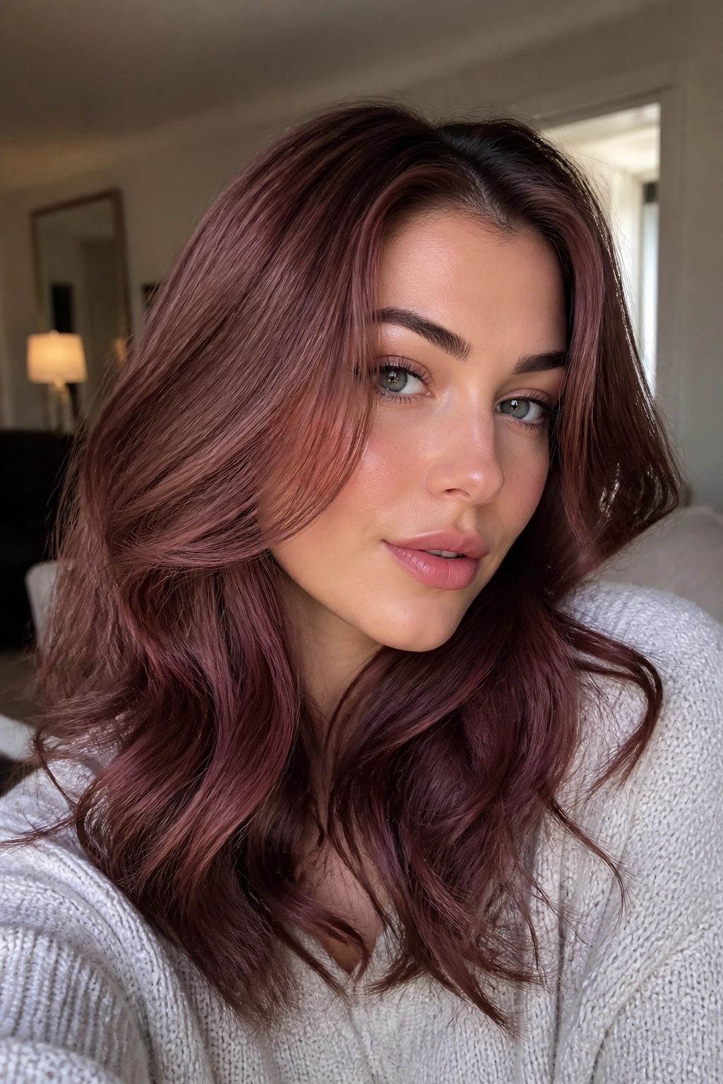 Close-up portrait of a woman with rosewood brown hair and dusty rose-brown shade.