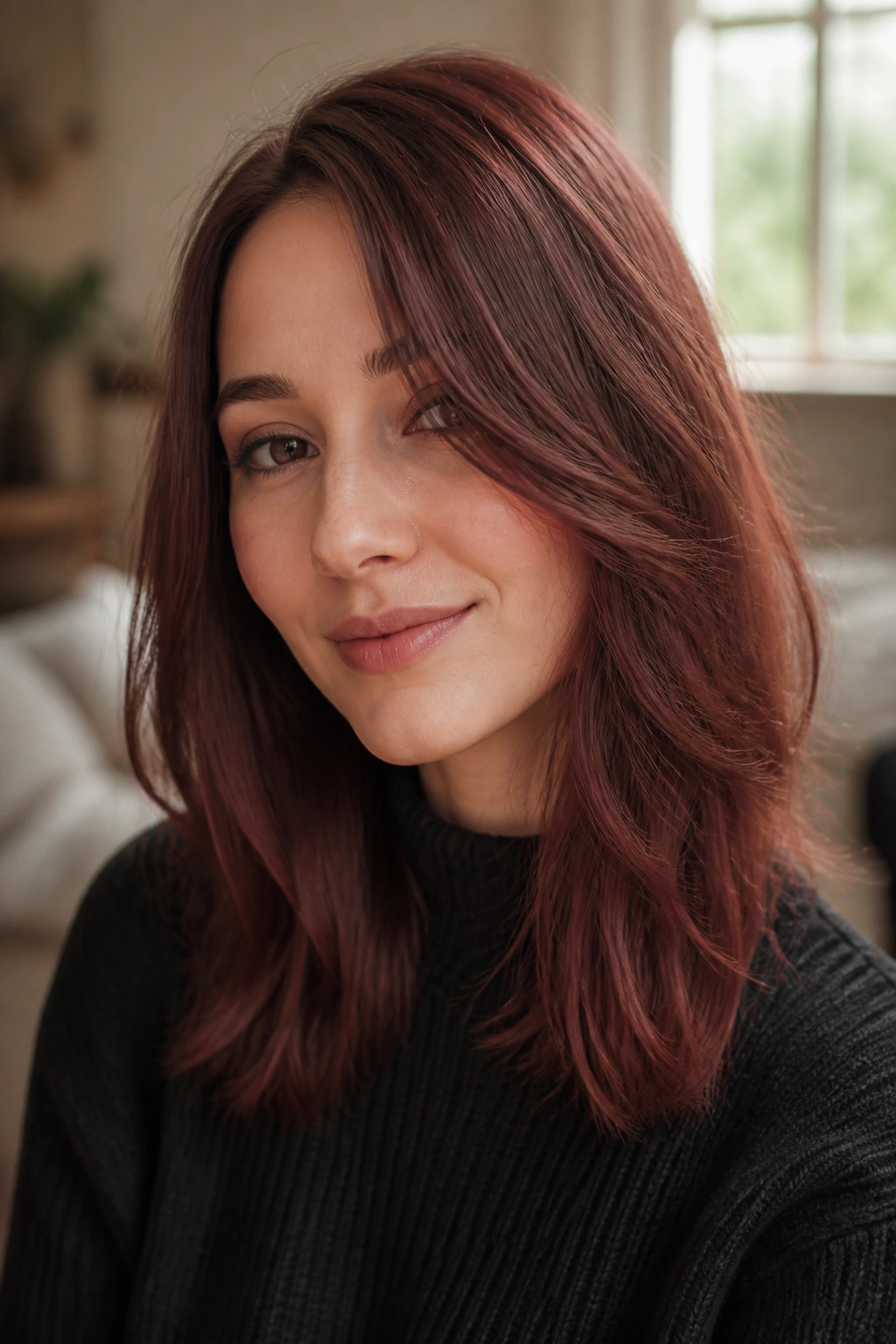 Close-up portrait of a real woman with rosewood brown hair in soft window light