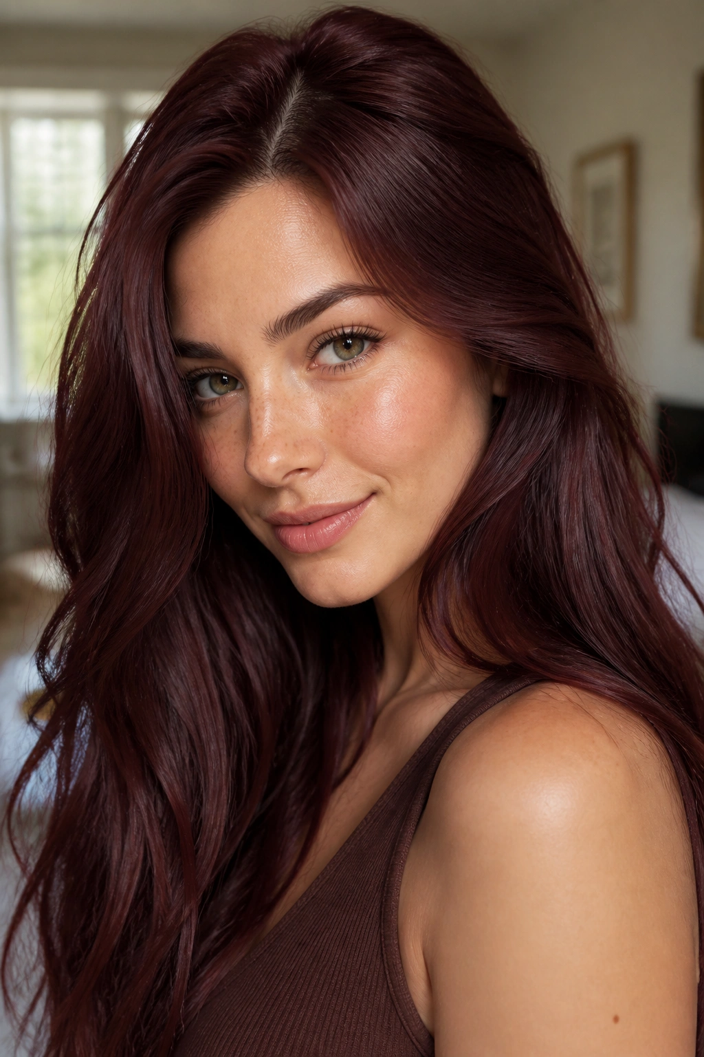 Close-up portrait of a real woman with rosewood brown hair under soft window light.