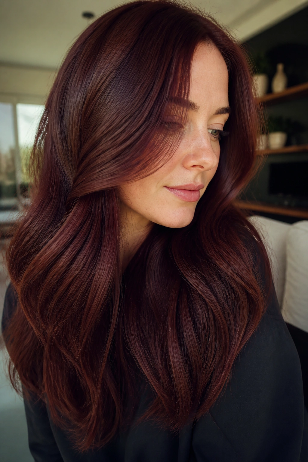 Close-up portrait of a real woman with Rosewood Brown hair and wine note