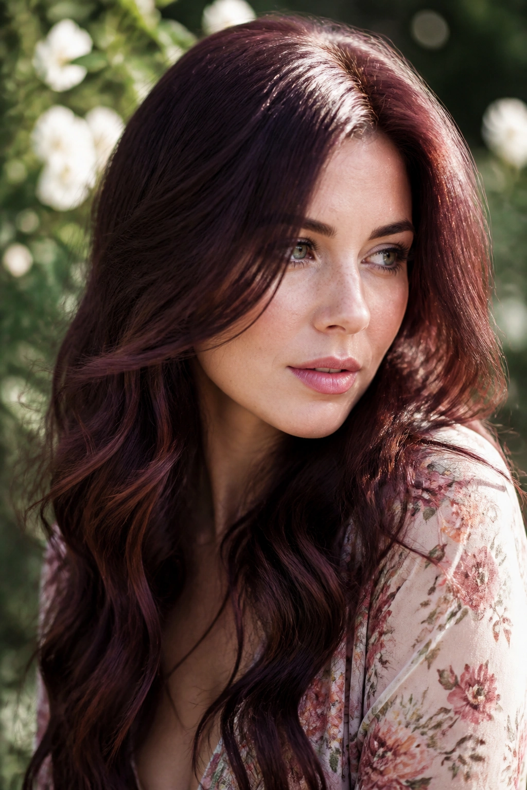Portrait of a woman with rosewood brown hair in soft waves showing pink undertones.