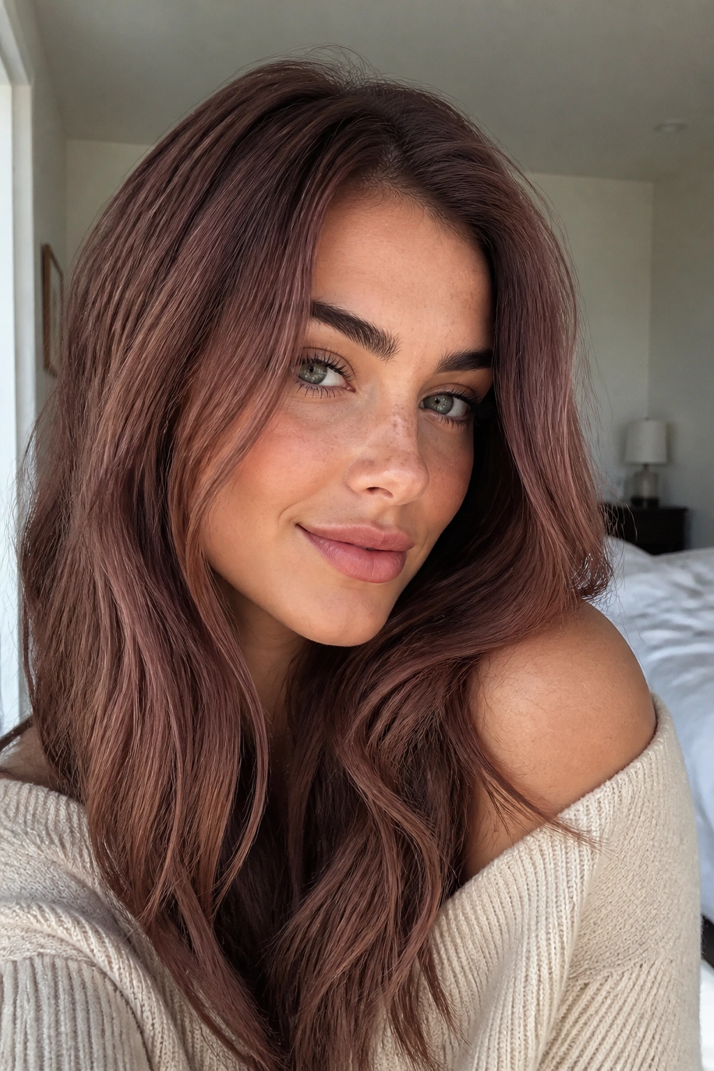 Close-up of a real woman with Rosewood Brunette dusty pink-brown hair in soft window light